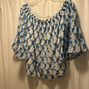 Size L Blue & White Paisley Off Shoulder Lilly Pulitzer Top